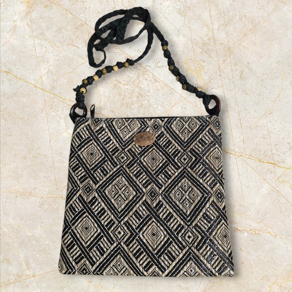 Cappelli Straworld Black and Cream Crossbody Bag with Geometric Design